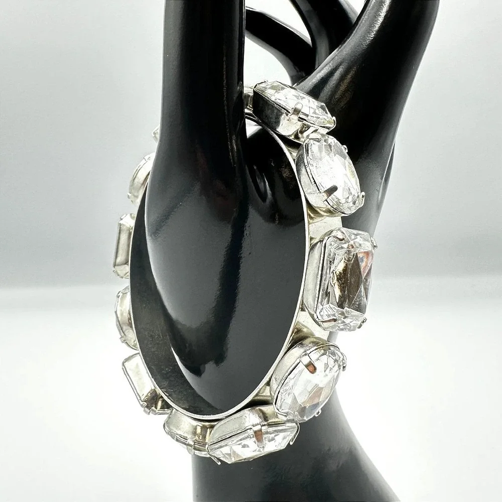 Vintage Silver Tone Large‎ Rhinestone Stretch Bracelet Chunky Multi Shape Retro